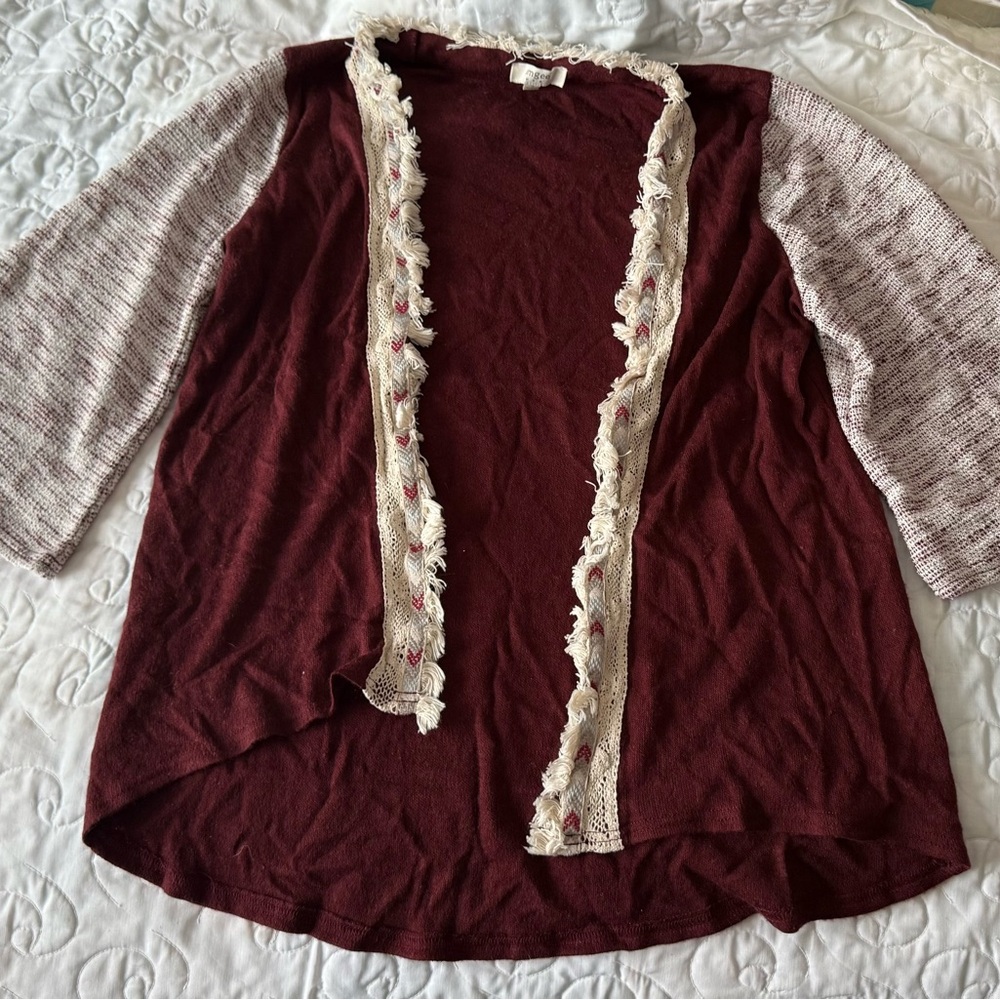 Umgee Burgundy Cardigan with Cream Trim